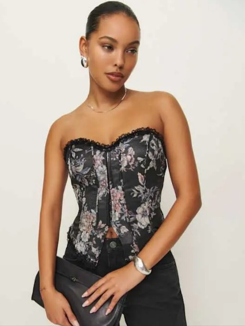 Reformation Idalia Corset Top Size 0 Black Floral